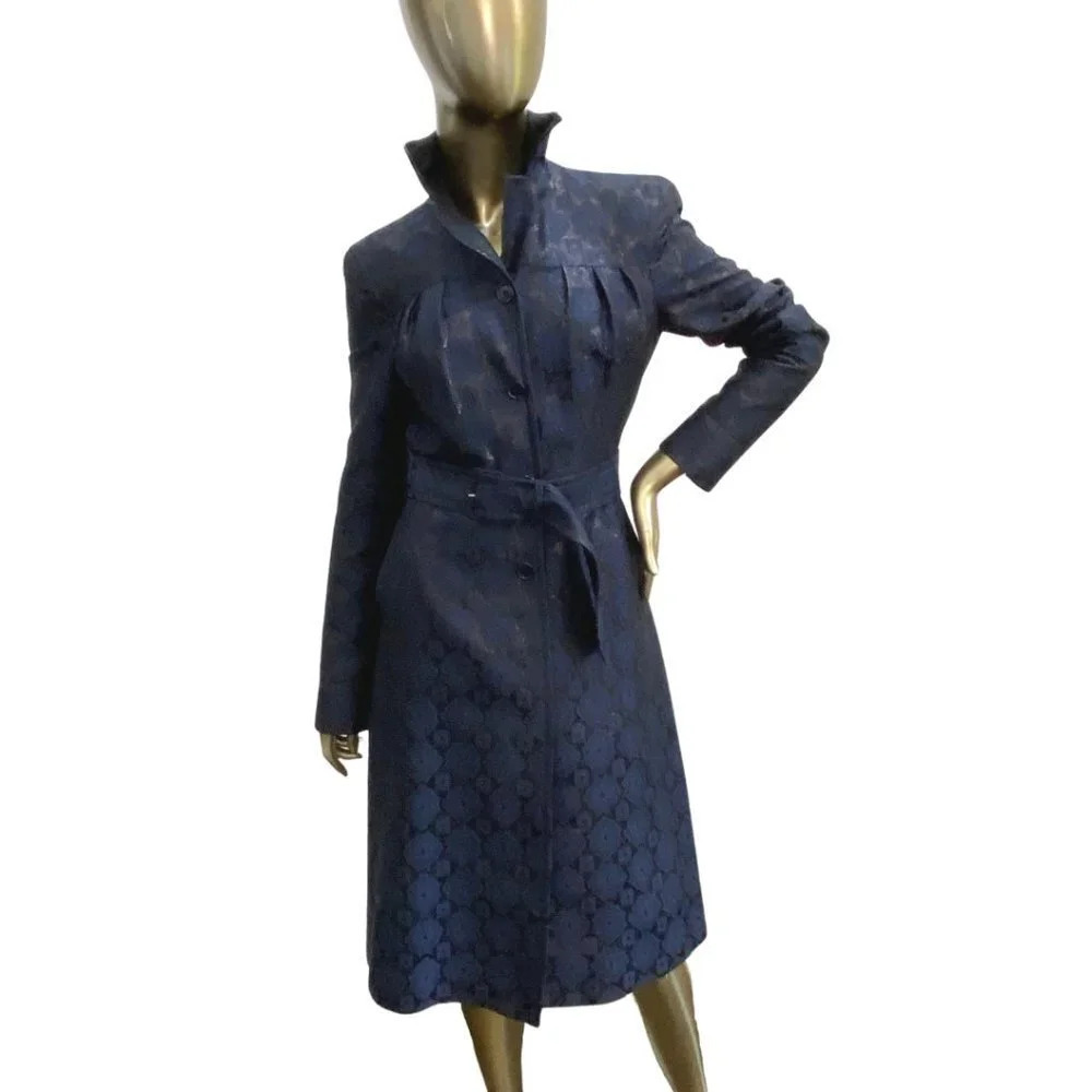 Vintage Prada Navy Metallic Brocade Belted Coat